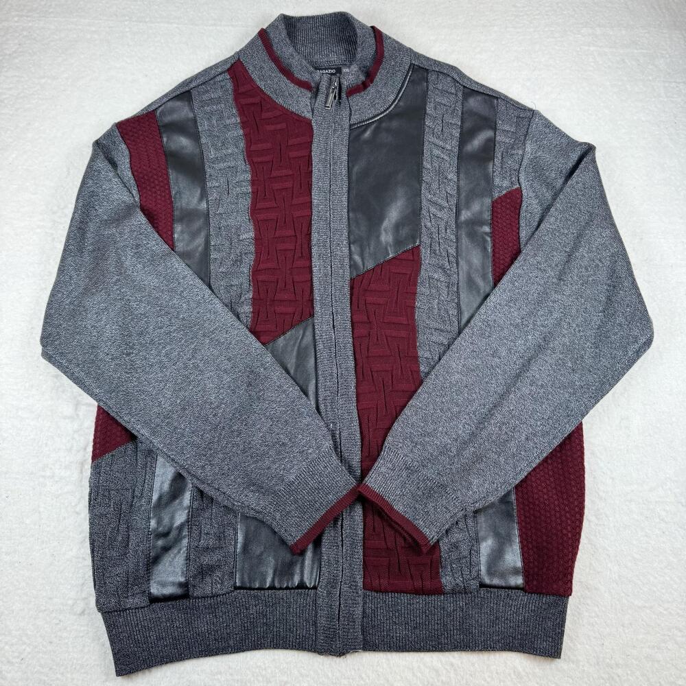 Bagazio Sweater Mens Size 2XL Gray Full Zip Mock Neck Geometric Knit Burgundy